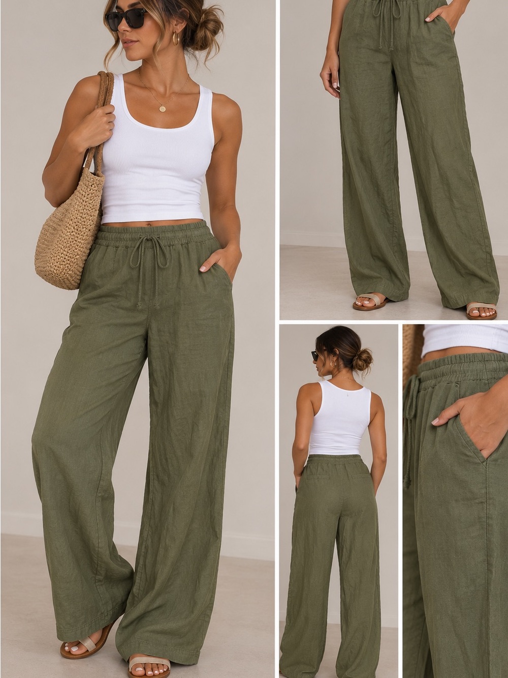 Soho New York & Company Olive Green Linen Blend Wide Leg Pants Size M